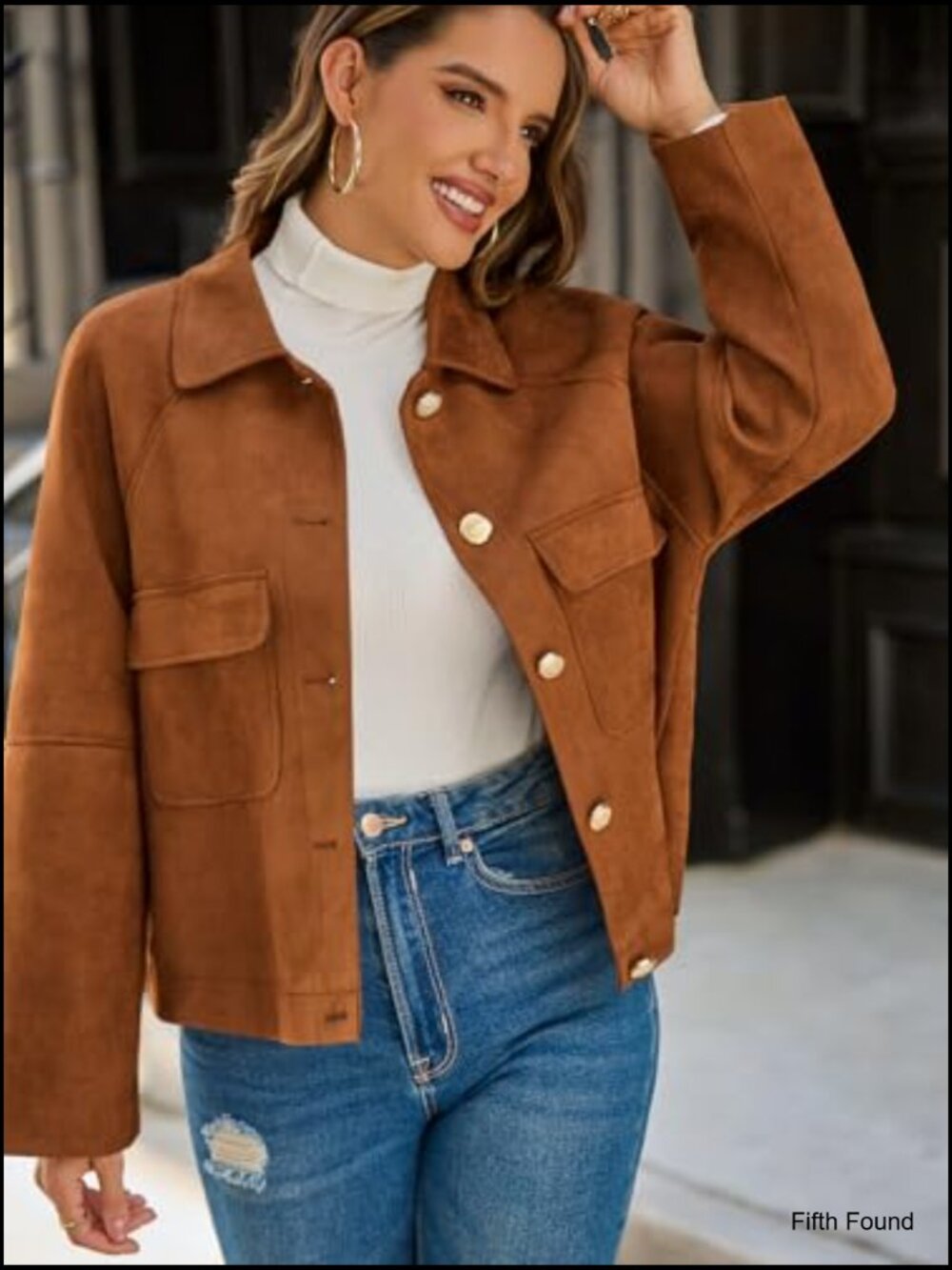 Faux Suede Leather Cropped Jacket Button Down Lapel Collar Casual Vintage - Picture 2 of 6
